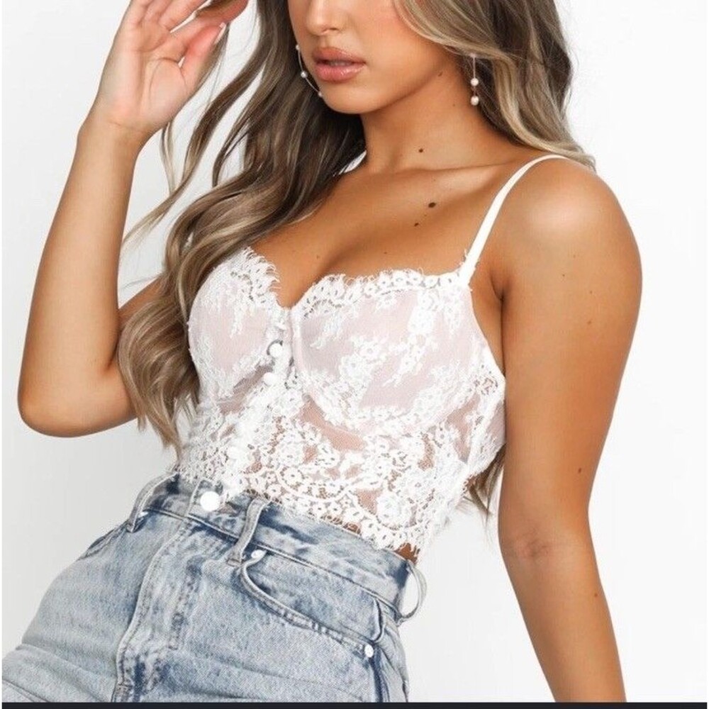 White Fox Corset Top Large White Floral Crop Bustier Lace Sheer Cottagecore